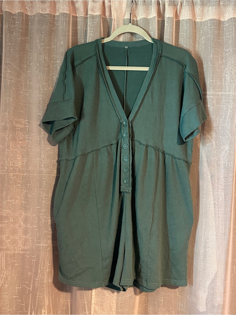 Relaxed V-Neck Button-Front Romper in Teal